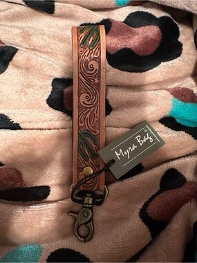 Myra Bag Tooled Leather Wristlet Strap - Brown with Teal Accent